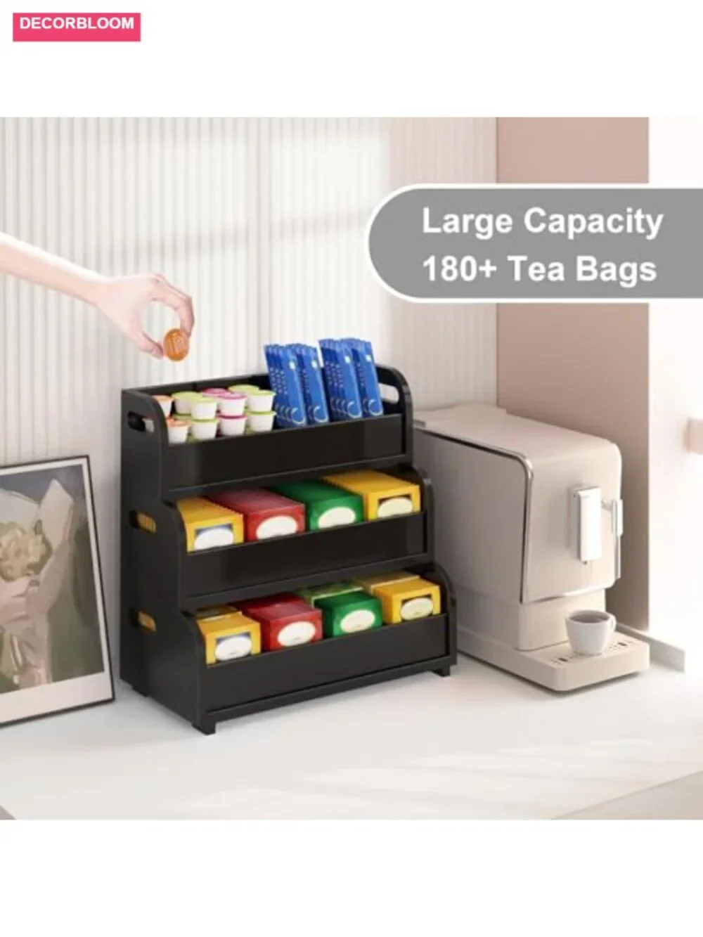 3-Tier Bamboo Tea Bag Organizer Stackable Holder Removable Dividers Wall Mount